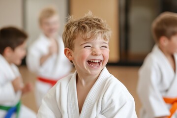 A young boy wearing a karate uniform bursts into laughter during a training session with peers, radiating pure joy and capturing the spirit of childhood happiness.