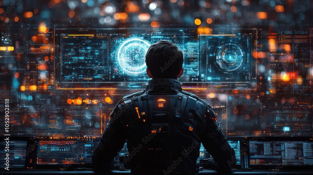 Poster futuristic hacker in a cybernetic suit facing multiple screens