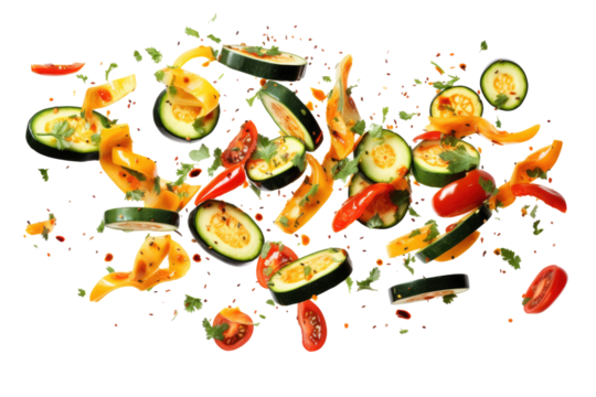 Falling grilled vegetable slices on transparent background