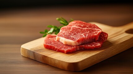 Two raw, marbled beef steaks rest on a wooden cutting board, garnished with fresh herbs, ready to be cooked to perfection in a rustic kitchen setting.