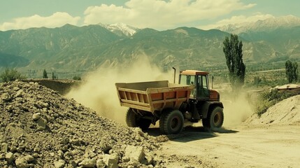 Tractor Working in Dusty Construction Site Landscape
