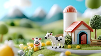 Naklejka premium Charming 3D depicting miniature farm animals including a cow and sheep grazing peacefully in a lush rural meadow with a small barn structure in the distance