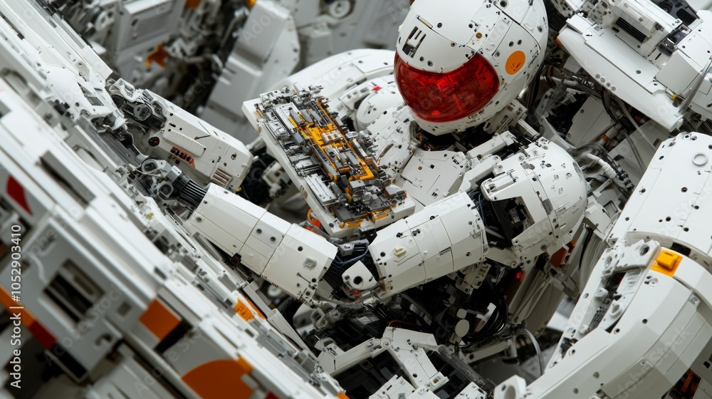 Aufkleber futuristic robot with red visor and complex mechanisms