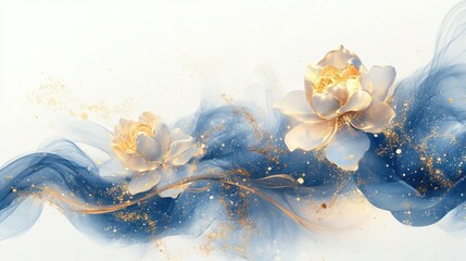 Korean-inspired abstract with golden floral motifs and swirling blue light, creating a serene atmosphere, isolated on white