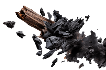 Natural wood charcoal on transparent background