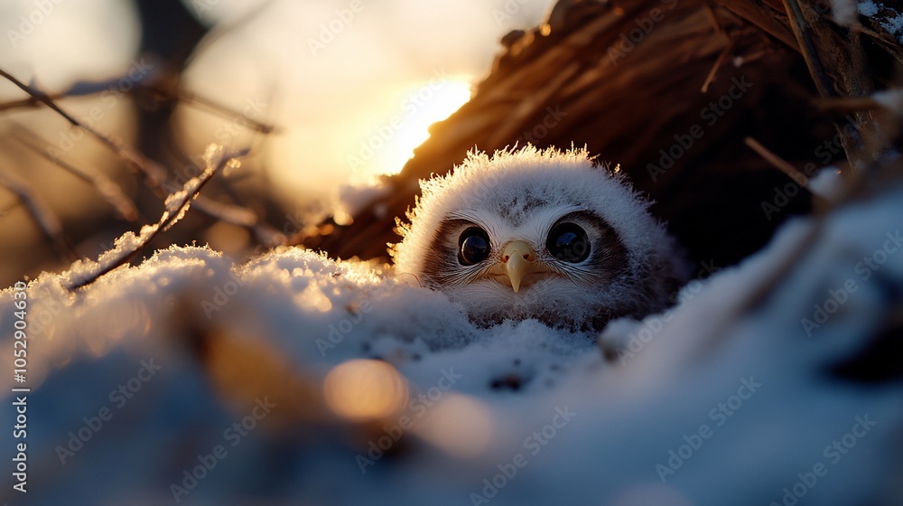 Poster a fluffy owlet peeks out from its nest in the snow, with the sun setting behind it.