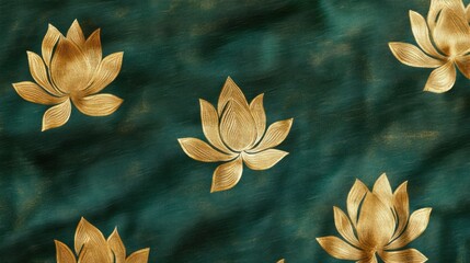 Thai abstract background featuring golden lotus designs on deep green fabric, inspired by heritage, isolated on white