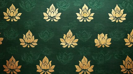 Thai abstract background featuring golden lotus designs on deep green fabric, inspired by heritage, isolated on white