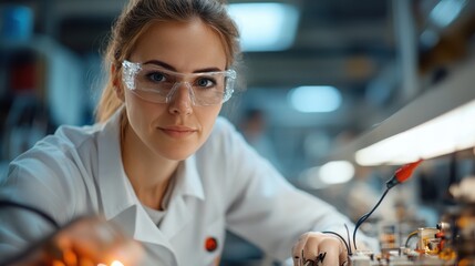 A scientist carefully inspects electronic components under bright laboratory lights, illustrating scientific rigor and a deep focus on electrical engineering.