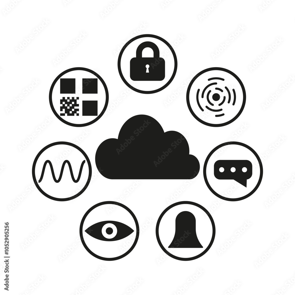 Poster cloud icon with symbols. lock and chat signs. seven tech elements. vector graphic.
