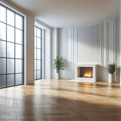 Obraz premium A modern living room with a fireplace, large windows, and hardwood floors