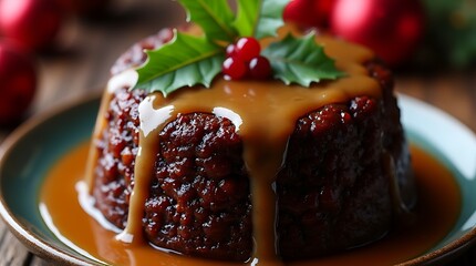 British Christmas Pudding with Brandy Sauce and Holly Garnish