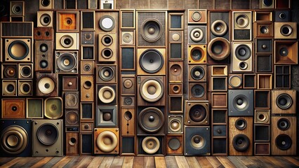 Vintage audio speakers displayed on a wall, retro, classic, music, sound, wall decor, entertainment