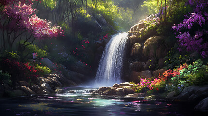 A tranquil scene of a small waterfall gently flowing over smooth stones, surrounded by lush greenery and colorful blossoms 