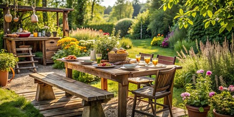 Rustic outdoor dining setup in a lush garden with wooden table and grill , Al fresco, dining, garden, rustic, outdoor, setup