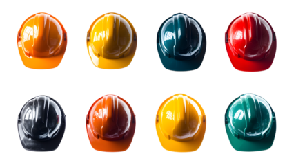 Set collection of fireman and hard safety helmet in different colors for construction site, isolated on white background