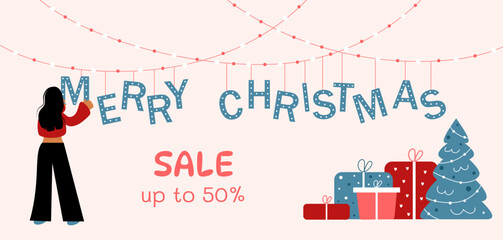 Merry Christmas. Girl, Christmas tree, gift boxes. Greeting card, poster, banner. Holiday sale. Flat vector illustration