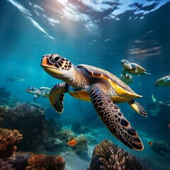 Obraz premium Sea turtles are large, air-breathing reptiles that inhabit tropical and subtropical seas throughout the world.