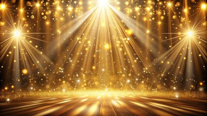 Gold lights rays illuminate a stage scene creating a magical ambiance, with abstract particle glitter floating around, Gold
