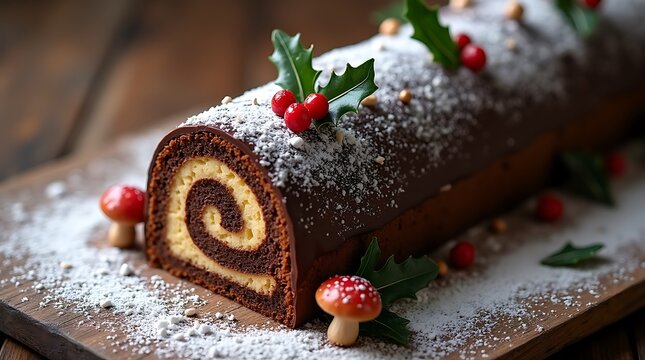 French B&ucirc;che de No&euml;l with Chocolate Ganache and Edible Decorations for Christmas