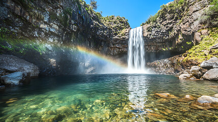 Obraz premium A stunning image of a waterfall plunging into a crystal-clear pool, with rainbows forming in the mist under a bright blue sky 