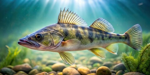 Obraz premium Close-up of a long zander fish swimming in clear water, zander, fish, long, underwater, aquatic, predator, wildlife, nature
