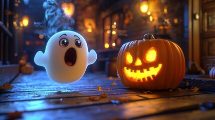 Cute Cartoon Ghost Popping Out of Pumpkin Lantern