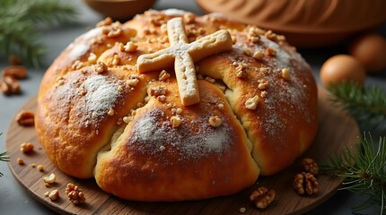 Greek Christopsomo with Walnuts and Spices for Christmas Celebration