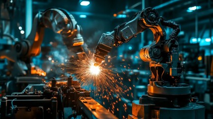 Fototapeta premium Industrial Robot Welding in Modern Factory Setting