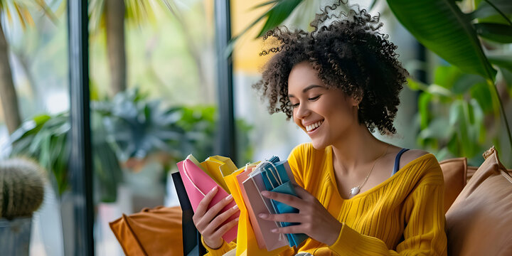 Woman Smiling with Notebooks in Cozy Setting," "Happy Woman with Colorful Notebooks