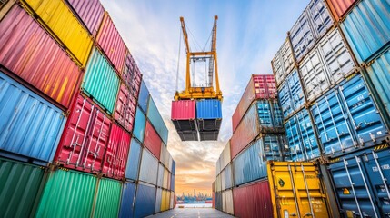 Fototapeta premium Crane Lifting Colorful Shipping Containers at Port