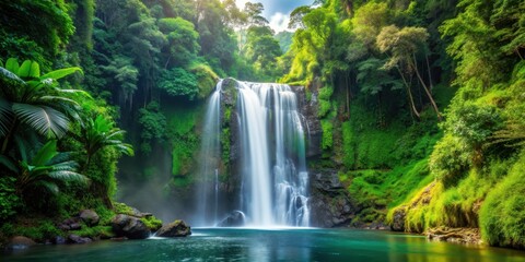 Fototapeta premium Majestic waterfall surrounded by lush greenery in a vibrant rainforest setting, waterfall, rainforest, lush, greenery