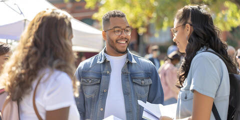 Obraz premium Friends Chatting Outdoors on Sunny Day,