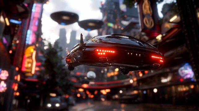 Futuristic flying car hovering over a busy city street. - Powered by Adobe