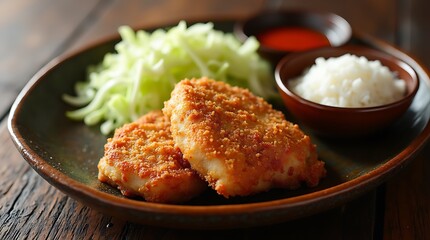 Japanese Tonkatsu with Cabbage and Rice in a Classic Style