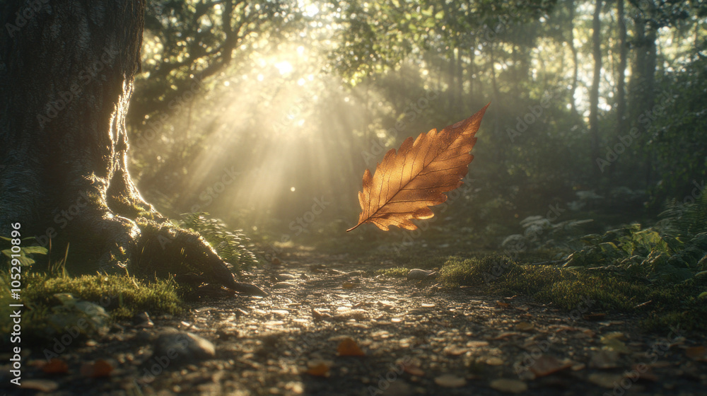 Poster a leaf is floating in the air above a forest path. the sunlight is shining through the trees, creati