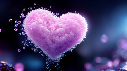 Obraz premium A vibrant pink heart surrounded by sparkling bubbles against a mystical dark background during an ethereal glow