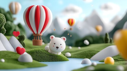 Fototapeta premium Whimsical 3D clay hot air balloons shaped like adorable animals gently floating over a bright magical landscape with rolling hills lush greenery and a vibrant dreamlike atmosphere