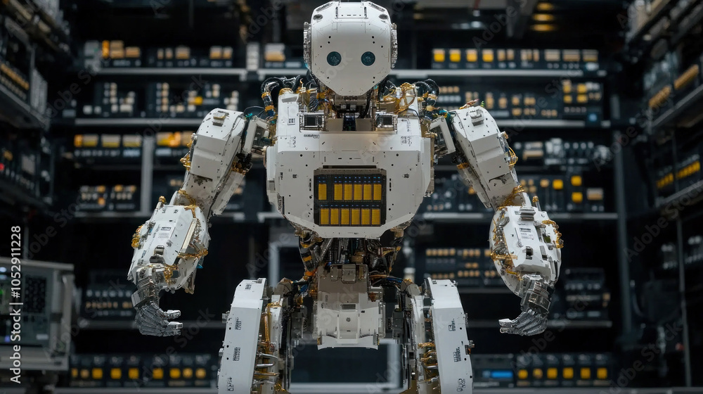 Poster a robot is standing in a room with many shelves. the robot is white and has a face
