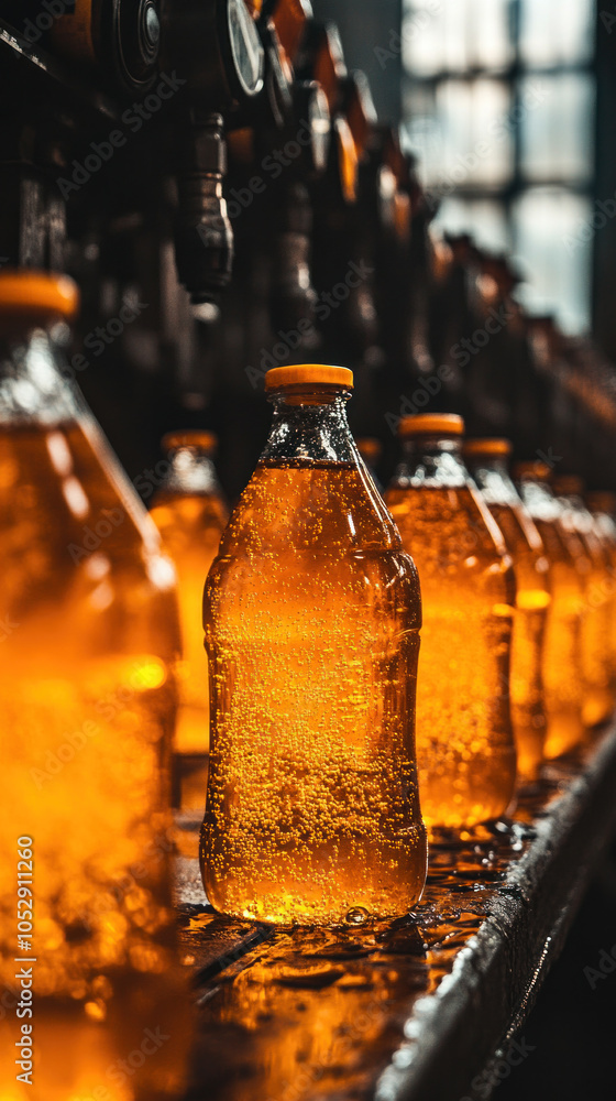 Poster a row of bottles of beer are lined up on a conveyor belt. the bottles are all the same color and hav