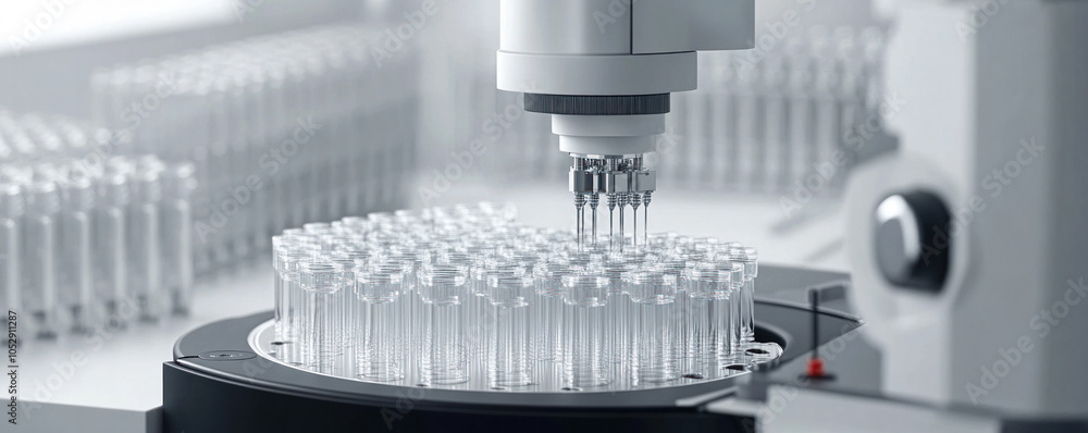 Poster a lab with a machine that is pouring liquid into a glass container. the container is filled with man