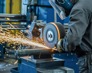 Industrial Worker Grinding Metal Tube with Safety Gear