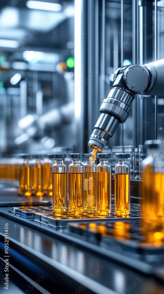 Poster a robot is pouring liquid into bottles on a production line. the bottles are orange and lined up on 