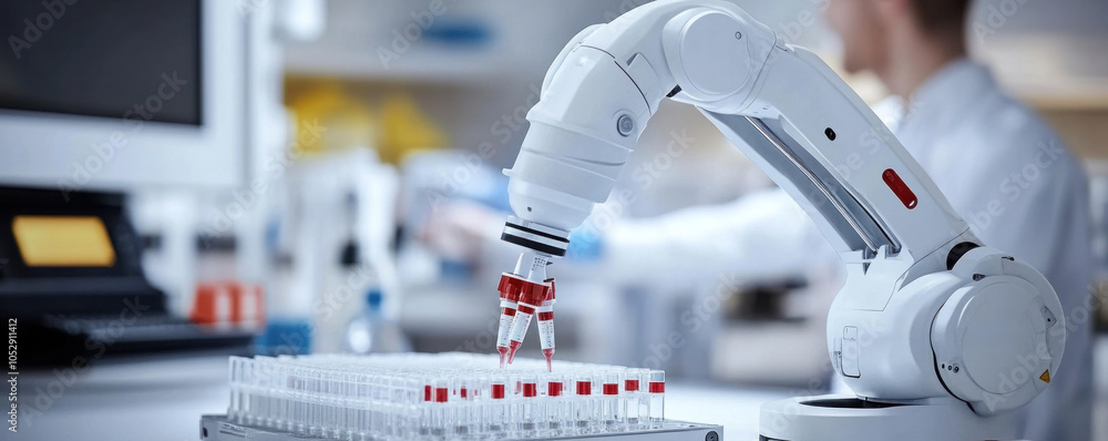 Poster a robot is working in a lab, with a computer monitor in the background. the robot is focused on a ta