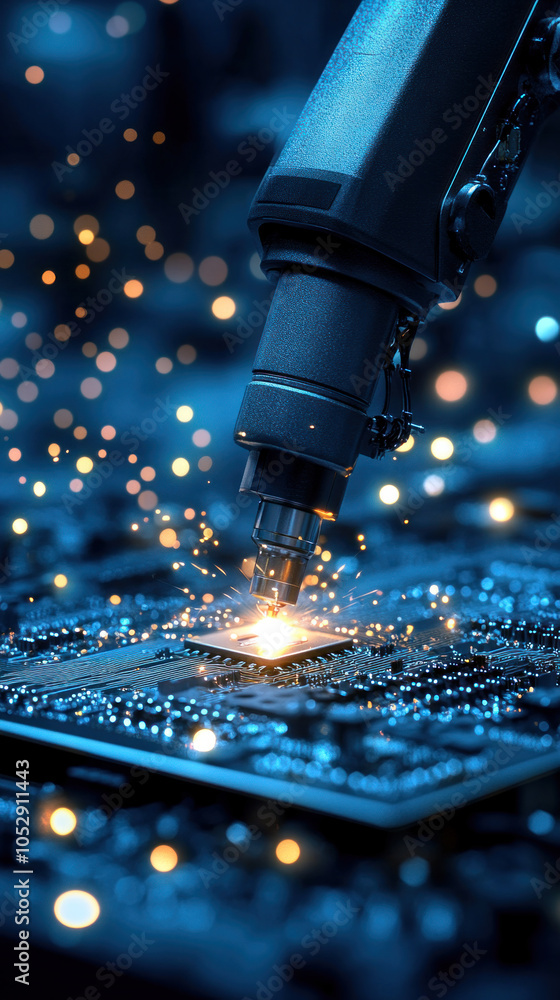 Poster a close up of a computer chip being sliced by a laser. concept of precision and technology, as the l