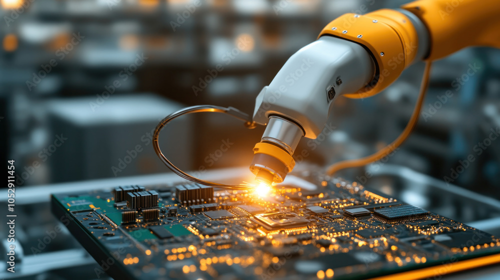 Poster a robot is working on a circuit board, with the robot's arm holding a laser. concept of technology a