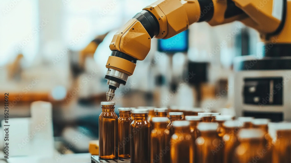 Poster a robot is working in a factory, filling bottles with a product. the bottles are lined up on a table