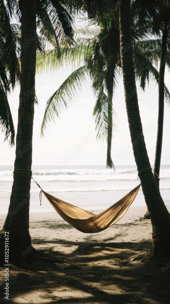 Poster a hammock is hanging between two palm trees on a beach. the hammock is tied to the trees and is susp