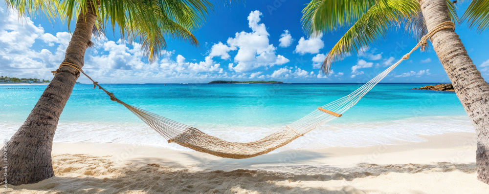 Poster a beach scene with a hammock hanging between two palm trees. the hammock is suspended over the ocean