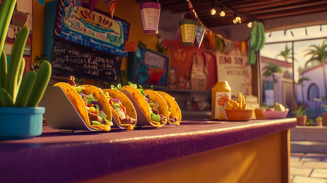 Delicious tacos displayed at a vibrant outdoor market in the late afternoon sunshine